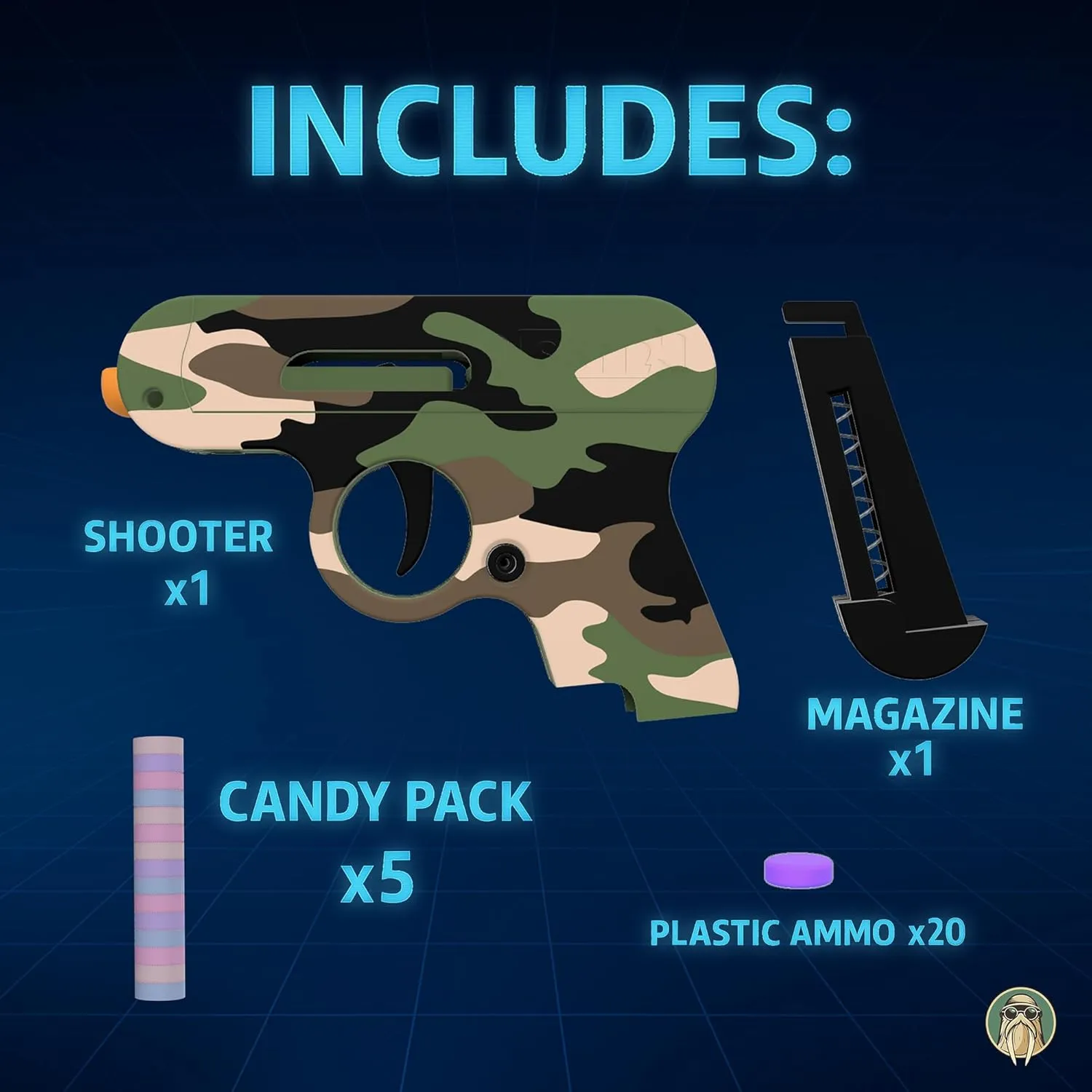 Toy Gun That Shoots Candy - The Smartee Shooter - Shoots Fast and Far - Over 40 feet & Over 70 fps. Working Magazine & Slide. 5 Packs of Candy & 20 Pieces of Plastic Ammo. (Arctic Camo)
