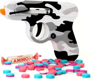 Toy Gun That Shoots Candy - The Smartee Shooter - Shoots Fast and Far - Over 40 feet & Over 70 fps. Working Magazine & Slide. 5 Packs of Candy & 20 Pieces of Plastic Ammo. (Arctic Camo)