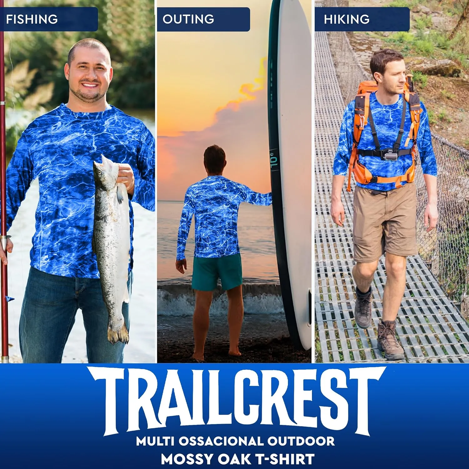 TrailCrest UPF 50 Long Sleeve Men cAMO Fishing Shirts for Men | Mossy Oak 4 Ways Stretch Vented Performance Lightweight UV