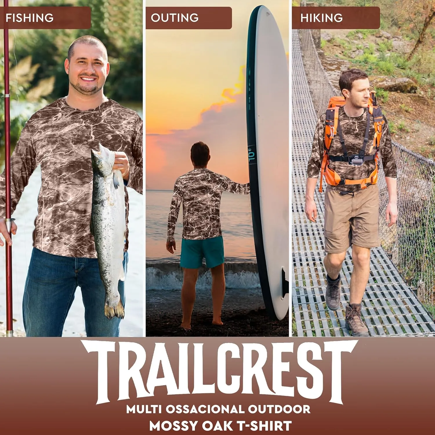TrailCrest UPF 50 Long Sleeve Men cAMO Fishing Shirts for Men | Mossy Oak 4 Ways Stretch Vented Performance Lightweight UV