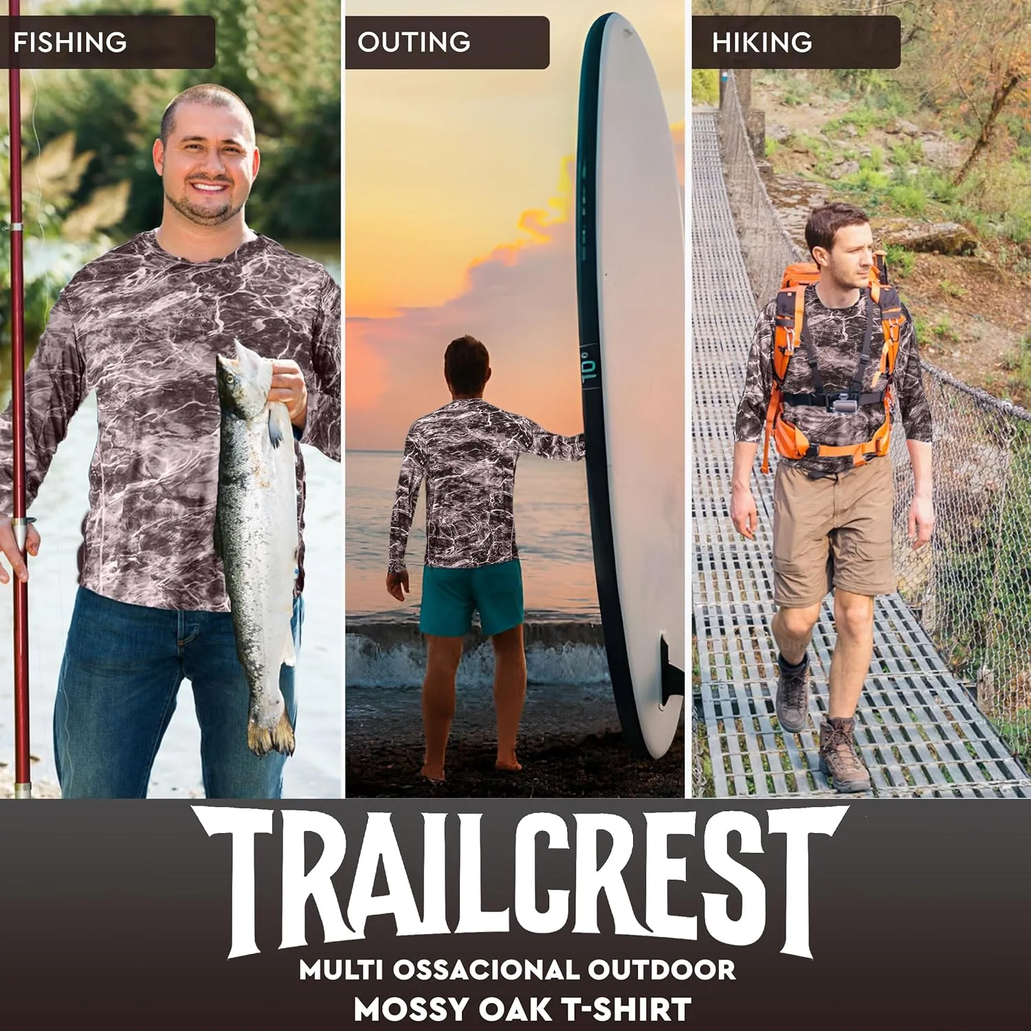 TrailCrest UPF 50 Long Sleeve Men cAMO Fishing Shirts for Men | Mossy Oak 4 Ways Stretch Vented Performance Lightweight UV