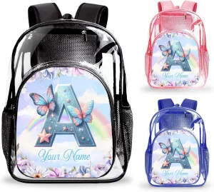 Transparent Backpack, Personalized Butterfly Clear Backpack for Boys Girls School Stadium Events Team, Gift for Women Initial Clear Backpacks College Workplace Stadium