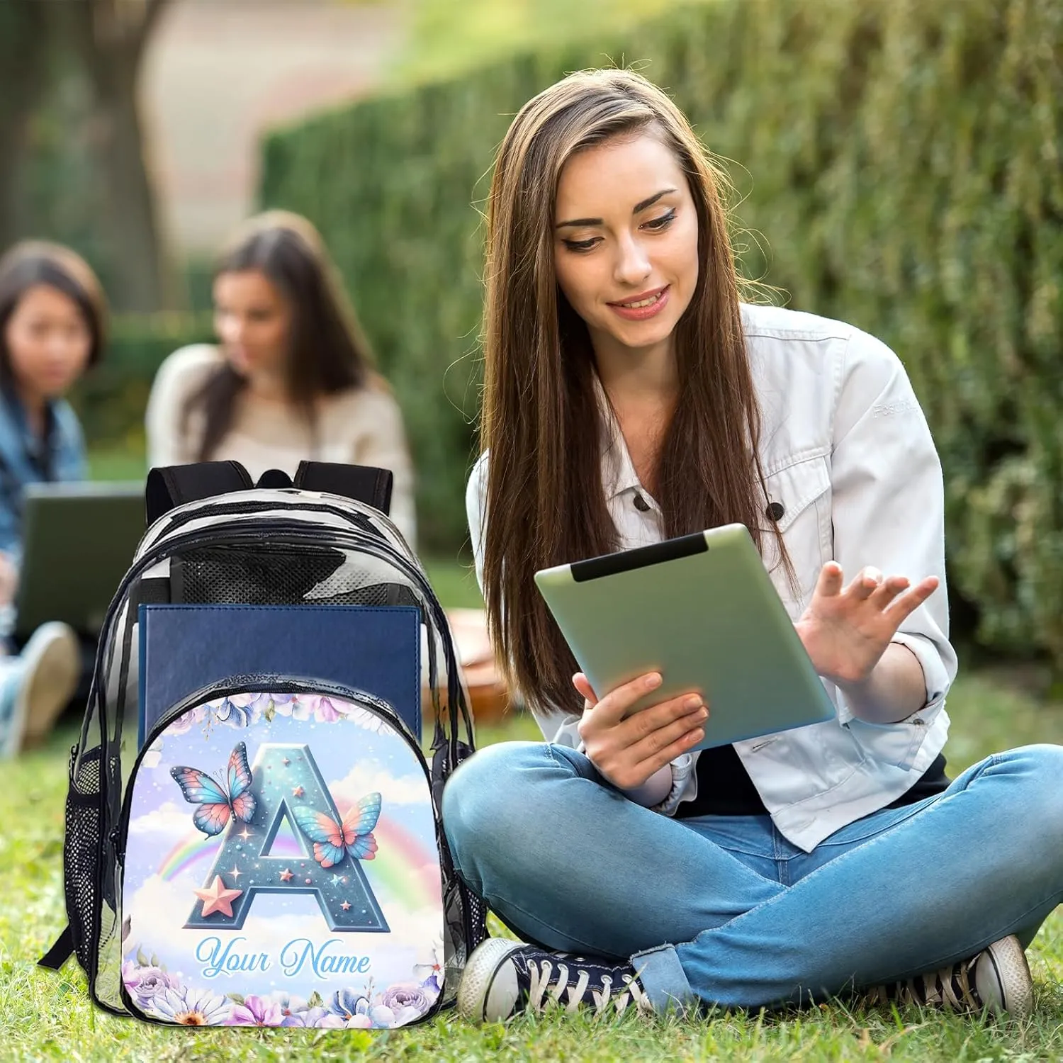 Transparent Backpack, Personalized Butterfly Clear Backpack for Boys Girls School Stadium Events Team, Gift for Women Initial Clear Backpacks College Workplace Stadium