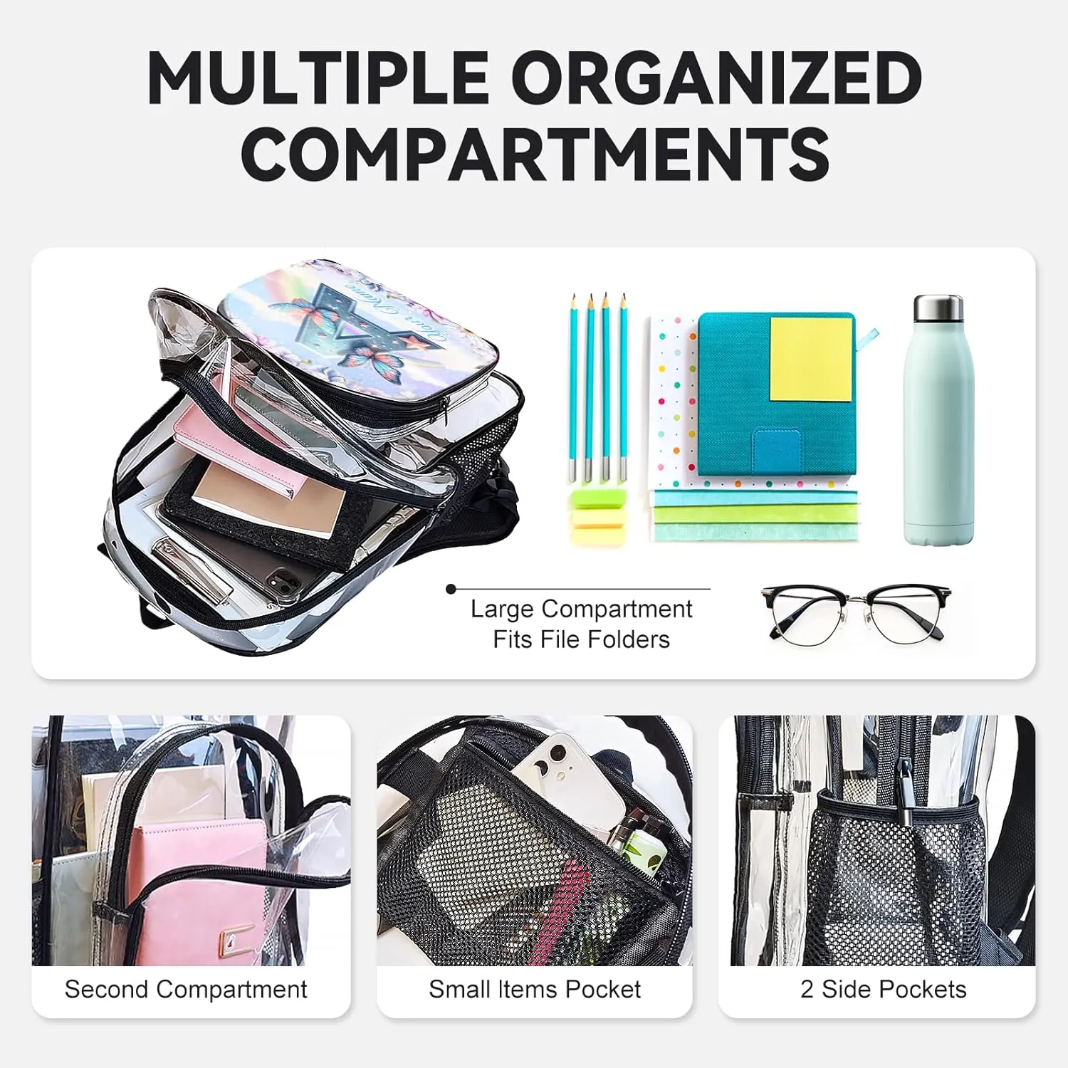Transparent Backpack, Personalized Butterfly Clear Backpack for Boys Girls School Stadium Events Team, Gift for Women Initial Clear Backpacks College Workplace Stadium