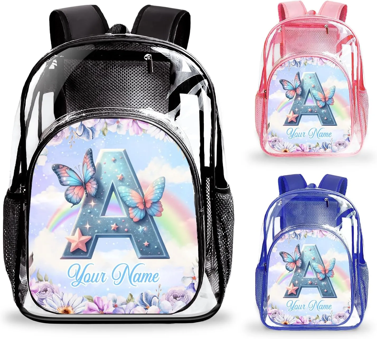 Transparent Backpack, Personalized Butterfly Clear Backpack for Boys Girls School Stadium Events Team, Gift for Women Initial Clear Backpacks College Workplace Stadium