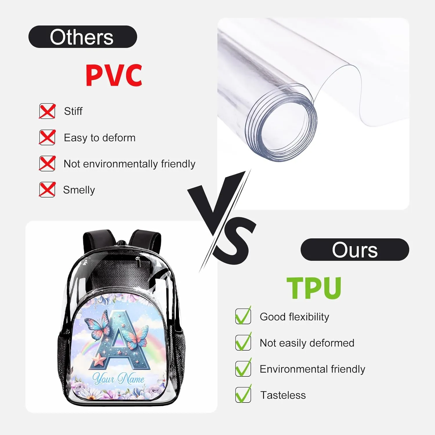 Transparent Backpack, Personalized Butterfly Clear Backpack for Boys Girls School Stadium Events Team, Gift for Women Initial Clear Backpacks College Workplace Stadium