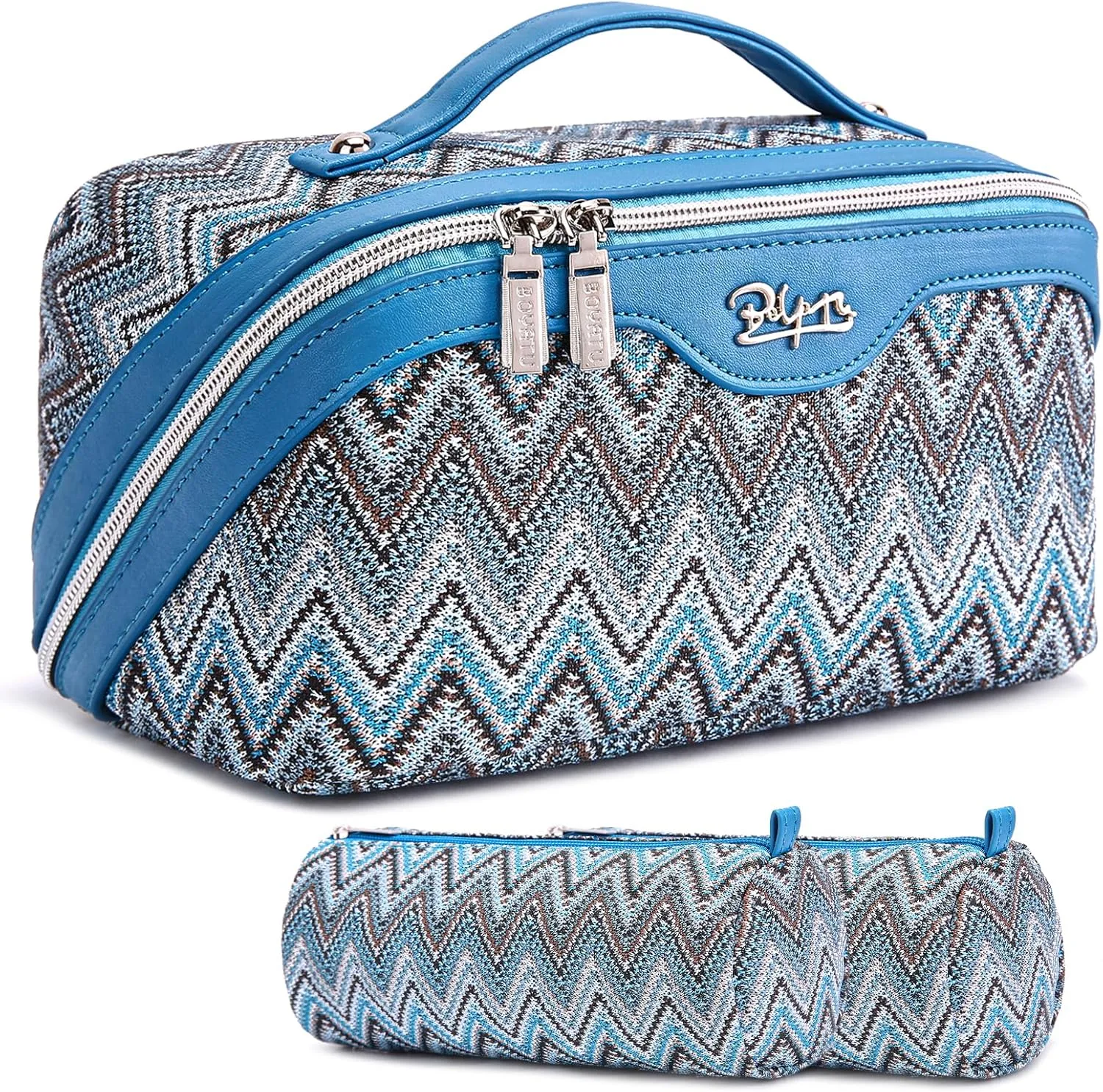 Travel Cosmetic Bag Makeup Bags for Women: Western Boho Makeup Bag Set of 3 - Large Vegan Leather Cosmetic Organizer Bags with Compartments & Handle & Divider(Blue)