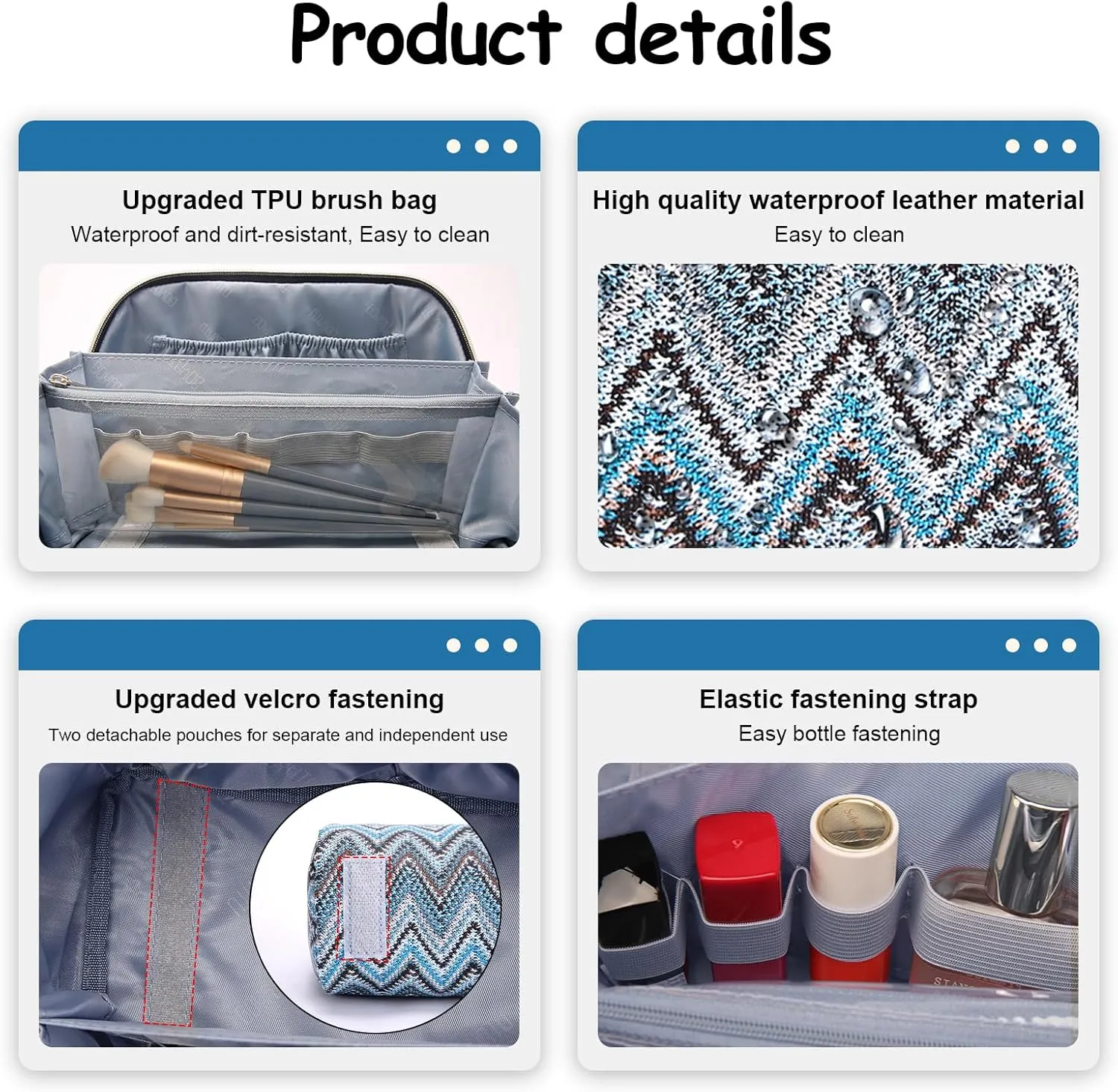 Travel Cosmetic Bag Makeup Bags for Women: Western Boho Makeup Bag Set of 3 - Large Vegan Leather Cosmetic Organizer Bags with Compartments & Handle & Divider(Blue)