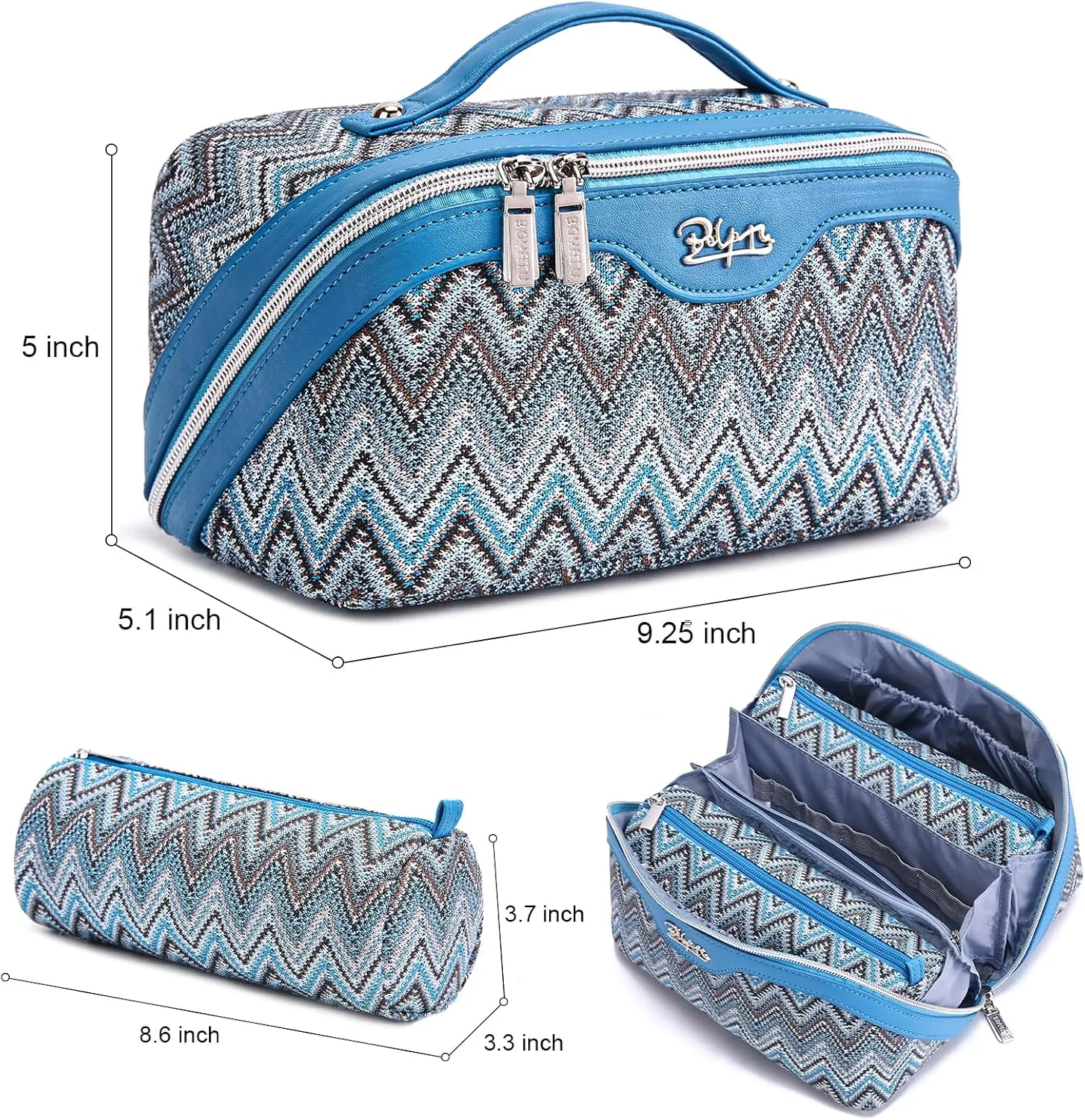 Travel Cosmetic Bag Makeup Bags for Women: Western Boho Makeup Bag Set of 3 - Large Vegan Leather Cosmetic Organizer Bags with Compartments & Handle & Divider(Blue)