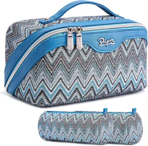 Travel Cosmetic Bag Makeup Bags for Women: Western Boho Makeup Bag Set of 3 - Large Vegan Leather Cosmetic Organizer Bags with Compartments & Handle & Divider(Blue)