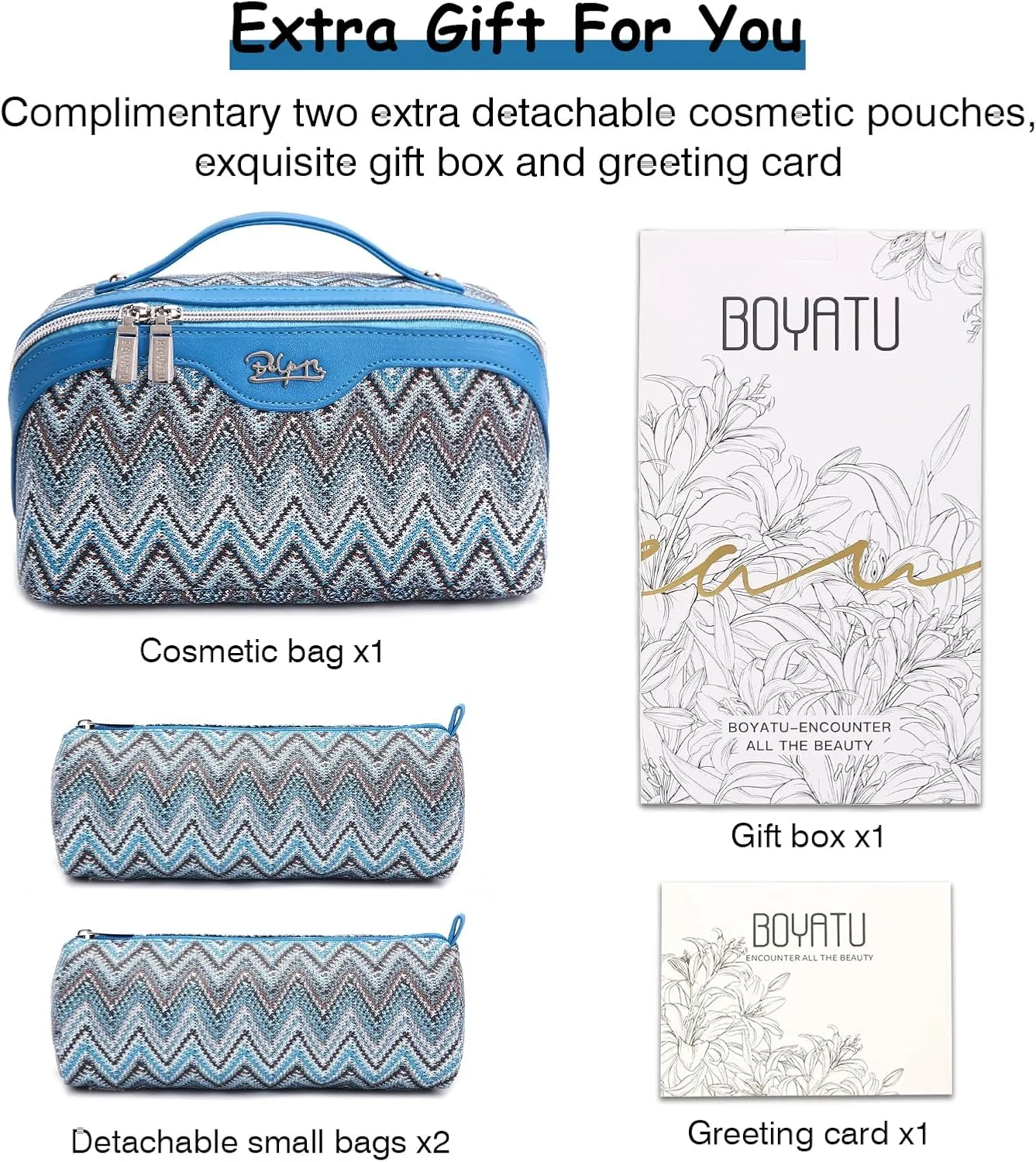 Travel Cosmetic Bag Makeup Bags for Women: Western Boho Makeup Bag Set of 3 - Large Vegan Leather Cosmetic Organizer Bags with Compartments & Handle & Divider(Blue)