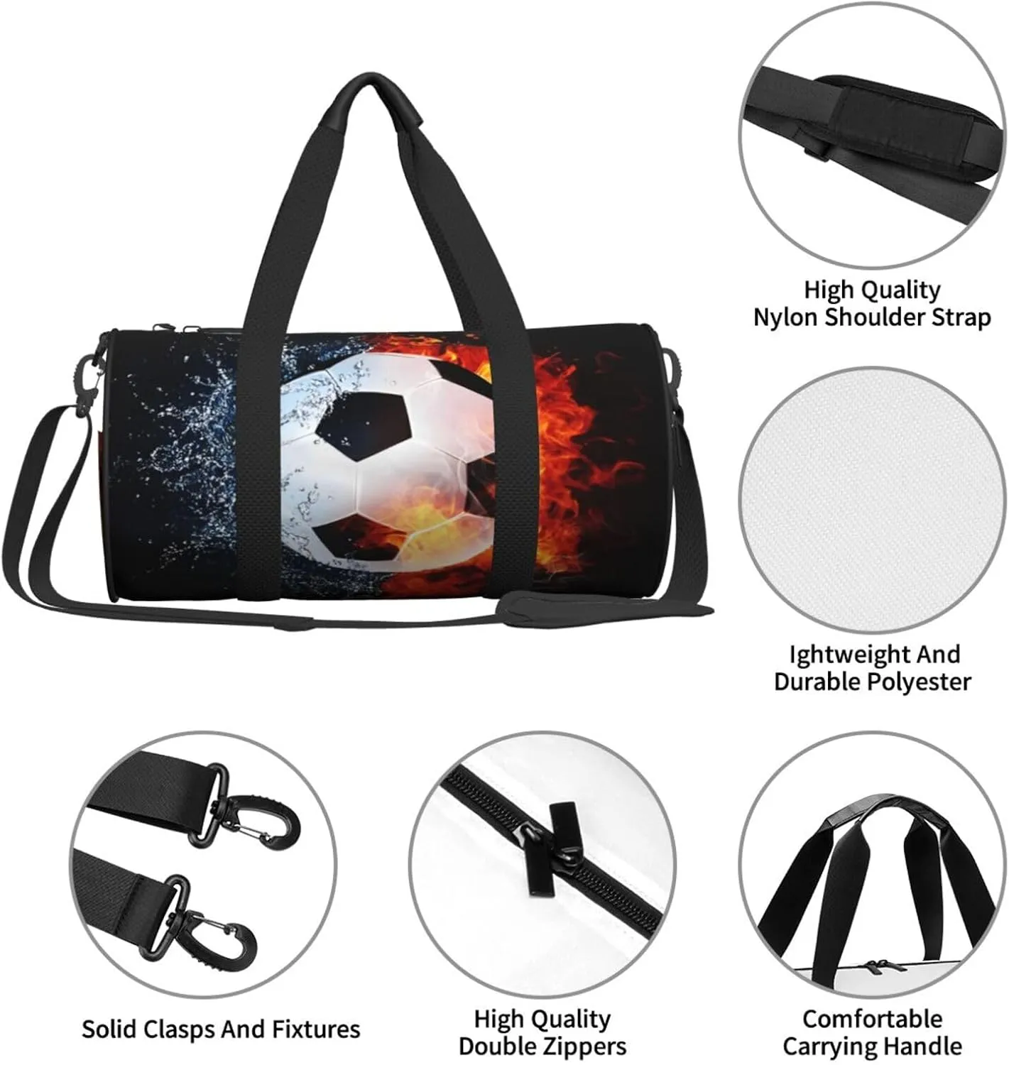 Travel Duffle Bag for Men Women, Football Soccer Ball Fire Water Duffle Bags for Sport Gym Overnight Luggage
