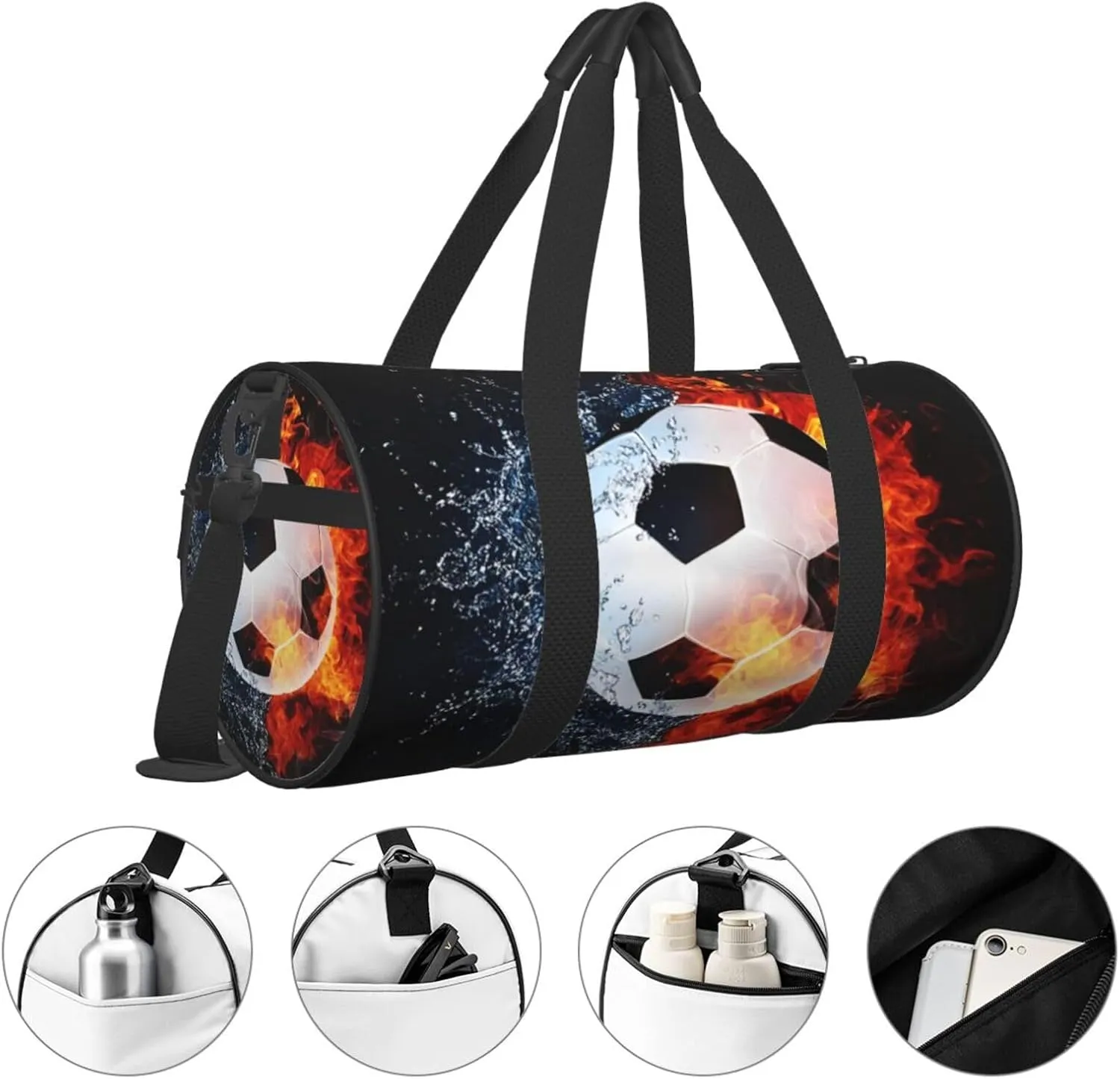 Travel Duffle Bag for Men Women, Football Soccer Ball Fire Water Duffle Bags for Sport Gym Overnight Luggage