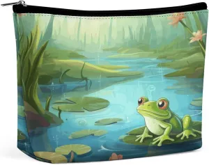 Travel Makeup Bag Portable Cosmetic Bags for Women Frog in A Pond Make Up Bags Organizer With Zipper Waterproof Open Flat Toiletry Bag Cute Makeup Pouch for Travel Accessories