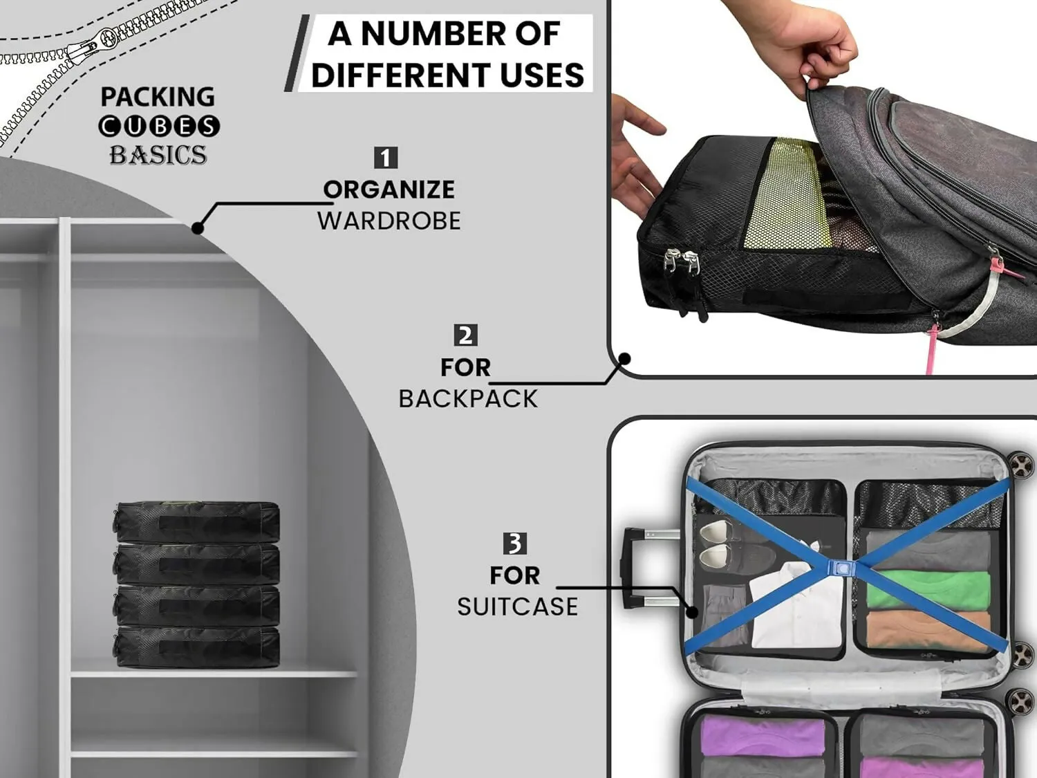 Travel Packing Cubes Polyester Organizer Bags (Pack of 4,Black)