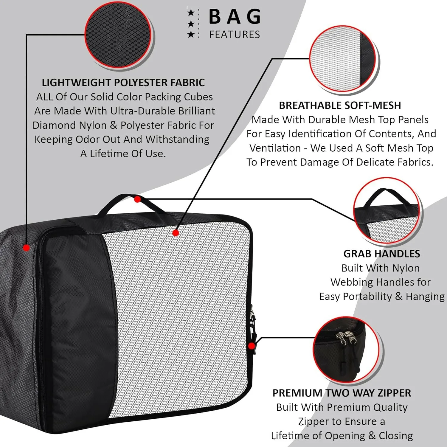 Travel Packing Cubes Polyester Organizer Bags (Pack of 4,Black)