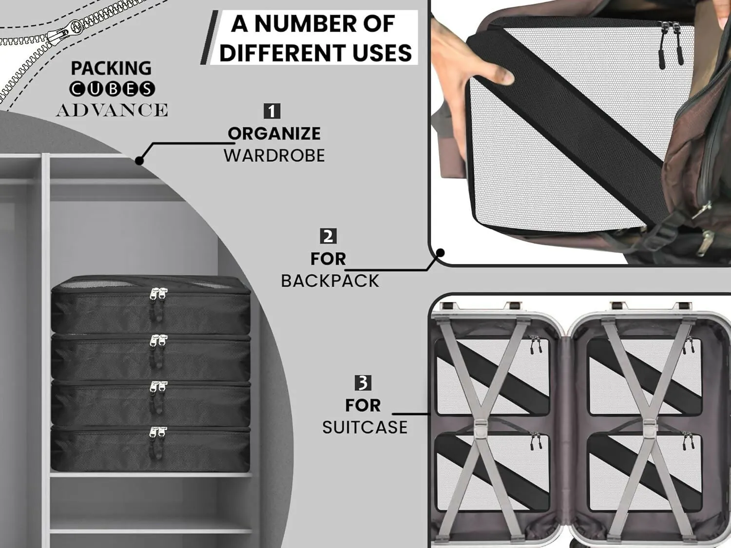 Travel Packing Cubes Polyester Organizer Bags (Pack of 4,Black)