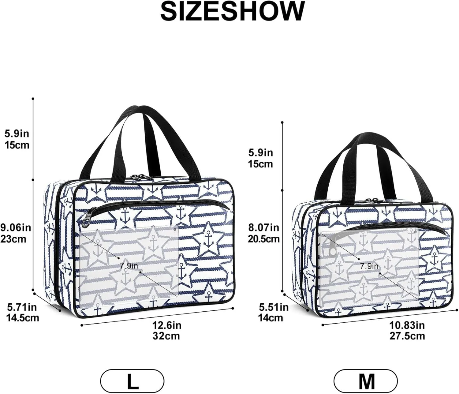 Travel Toiletry Bag for Woman/Men, Navy Blue Nautical Anchor Star Hanging Organizer Bag with Pockets Portable Folding Travel Case Bags for Makeup Cosmetic Toiletries Storage Traveling-L