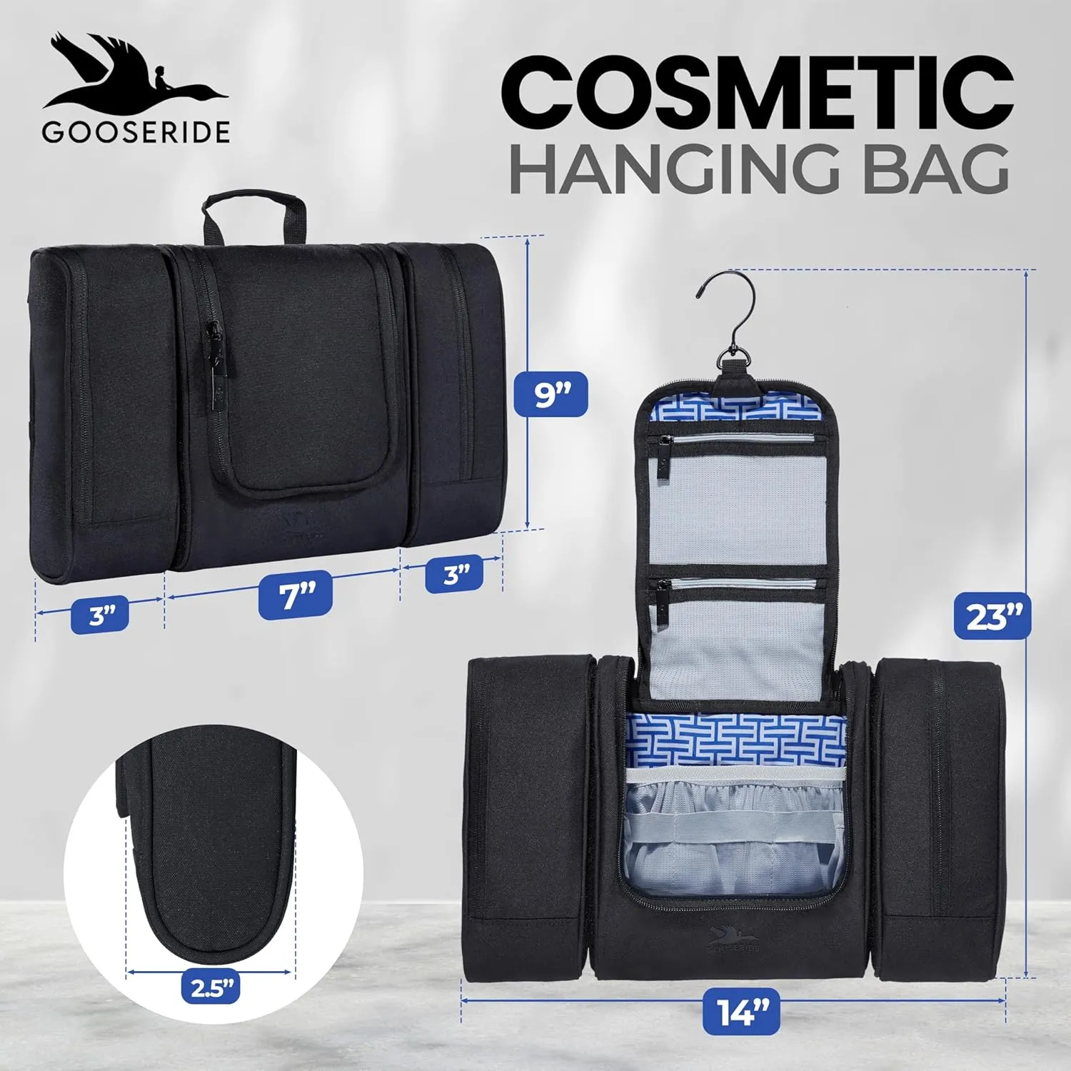 Travel Toiletry Bag for Women and Men - Hanging Cosmetic Travel Bag w/ 3 Detachable Organizer, Durable Hygiene Bag, Hanging Toiletry Bag Men or Makeup Case for Skincare - Black