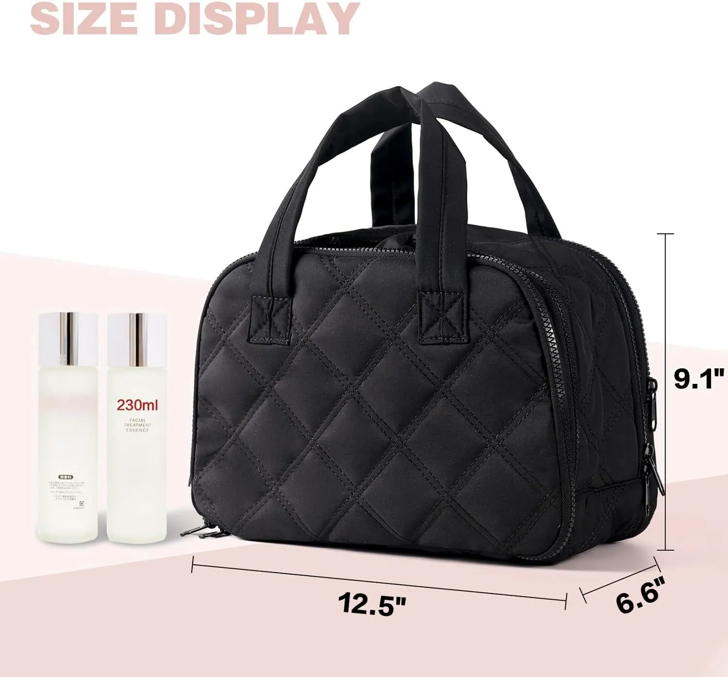 Travel Toiletry Bag – Large Lightweight Makeup Bag for Women, Wide-open Puffy Cosmetic Organizer with Dry-Wet Separation, Luggage Strap & Handle for Easy Travel, Gym, Essentials (BLACK)