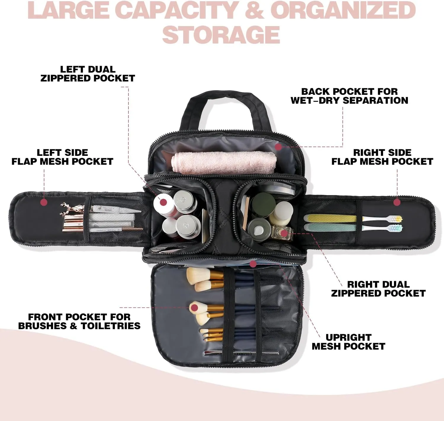 Travel Toiletry Bag – Large Lightweight Makeup Bag for Women, Wide-open Puffy Cosmetic Organizer with Dry-Wet Separation, Luggage Strap & Handle for Easy Travel, Gym, Essentials (BLACK)