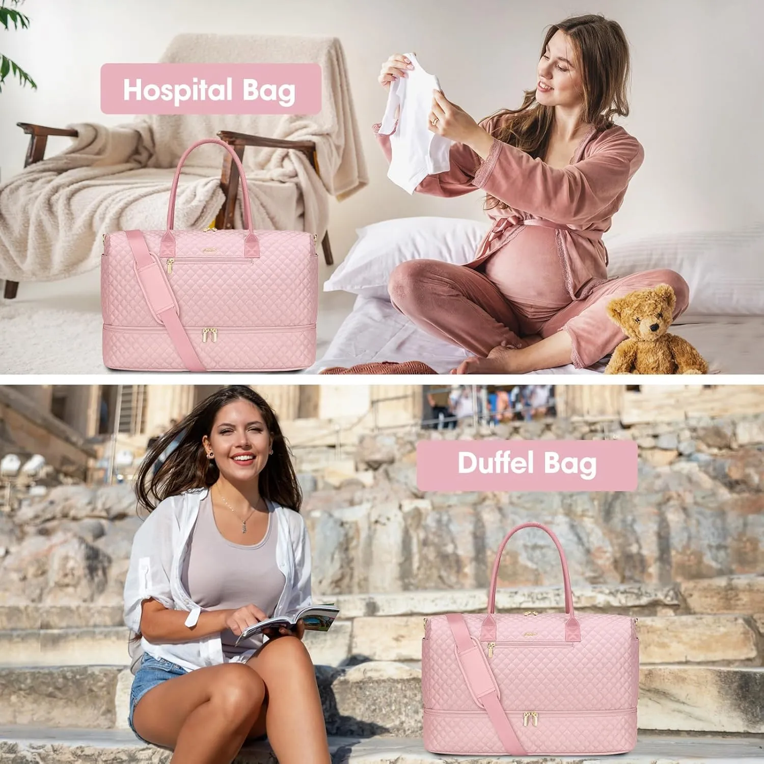 Travel Weekender Bags for Women - Duffle Bag Women with Shoe Compartment Carry On Overnight Bag with Toiletry Bag Duffel Bags with Wet Pocket for Gym Hospital Bags for Labor and Delivery Pink