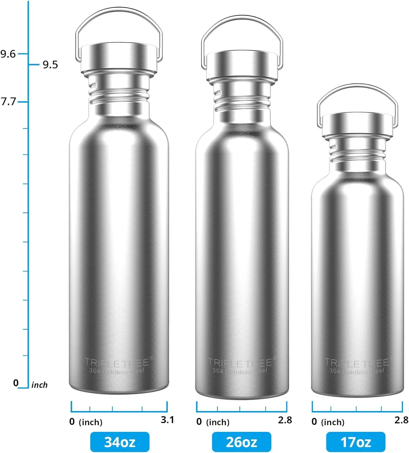TRIPLE TREE 34 OZ Uninsulated Single Walled Stainless Steel Sports Water Bottle 18/8 Food Grade for Cyclists, Runners, Hikers, Beach Goers, Picnics, Camping - BPA Free
