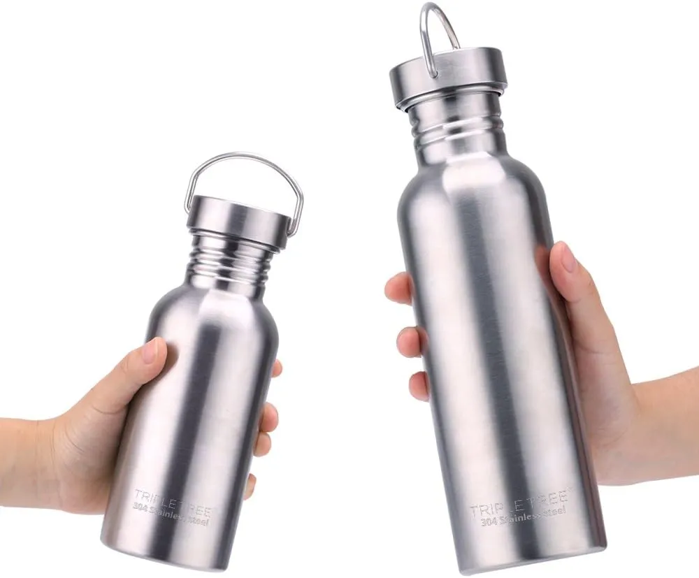 TRIPLE TREE 34 OZ Uninsulated Single Walled Stainless Steel Sports Water Bottle 18/8 Food Grade for Cyclists, Runners, Hikers, Beach Goers, Picnics, Camping - BPA Free