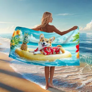 Tropical Corgi Microfiber Beach Towel Bright Colors Summer Fun Quick Dry Lightweight Sand Free Beach Blanket, Travel Picnic Pool Gym Outdoor Essentials 70x35 Inch