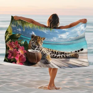 Tropical Leopard Microfiber Beach Towel Large Exotic Animal Floral Art Design, Quick Dry Absorbent Sand Free Lightweight Blanket, Travel Picnic Essentials for Vacation Pool Camping 62x31 Inch