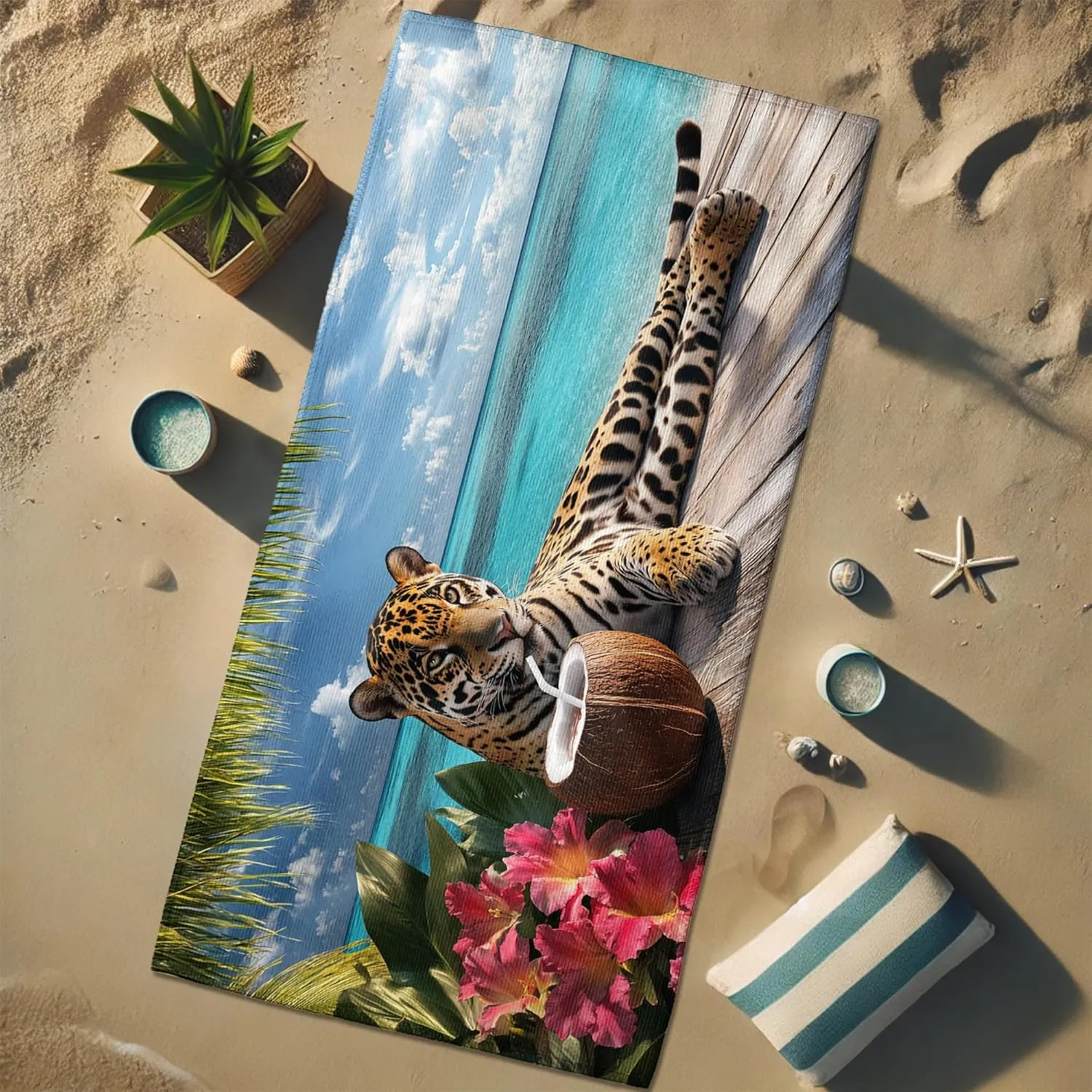 Tropical Leopard Microfiber Beach Towel Large Exotic Animal Floral Art Design, Quick Dry Absorbent Sand Free Lightweight Blanket, Travel Picnic Essentials for Vacation Pool Camping 62x31 Inch