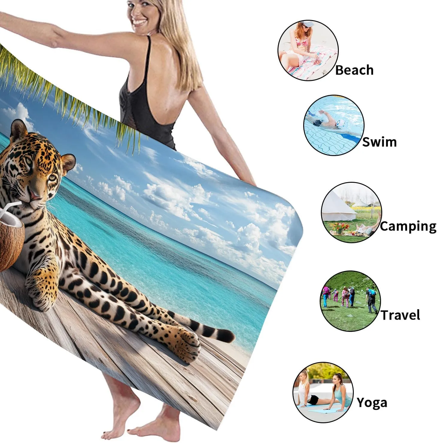Tropical Leopard Microfiber Beach Towel Large Exotic Animal Floral Art Design, Quick Dry Absorbent Sand Free Lightweight Blanket, Travel Picnic Essentials for Vacation Pool Camping 62x31 Inch
