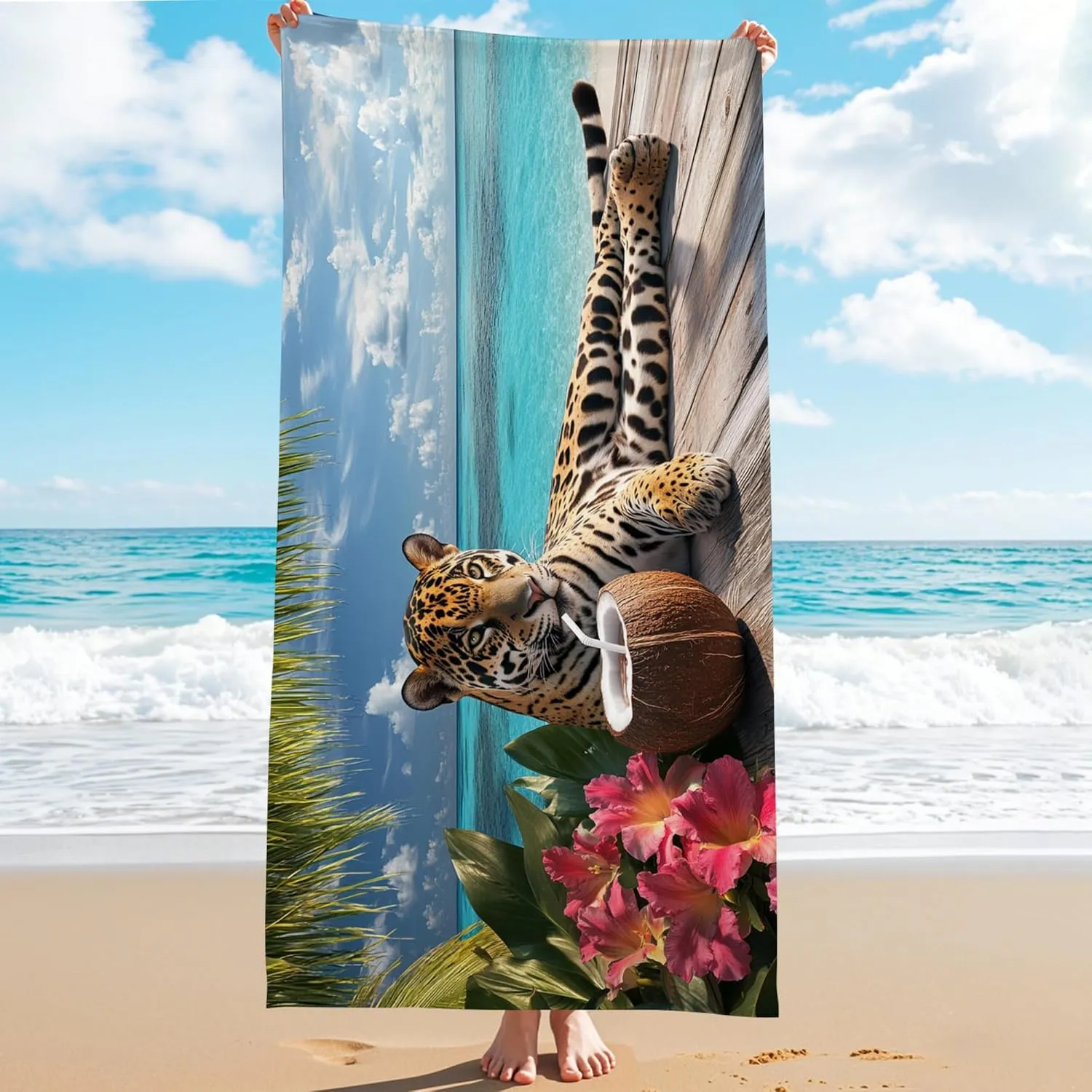Tropical Leopard Microfiber Beach Towel Large Exotic Animal Floral Art Design, Quick Dry Absorbent Sand Free Lightweight Blanket, Travel Picnic Essentials for Vacation Pool Camping 62x31 Inch