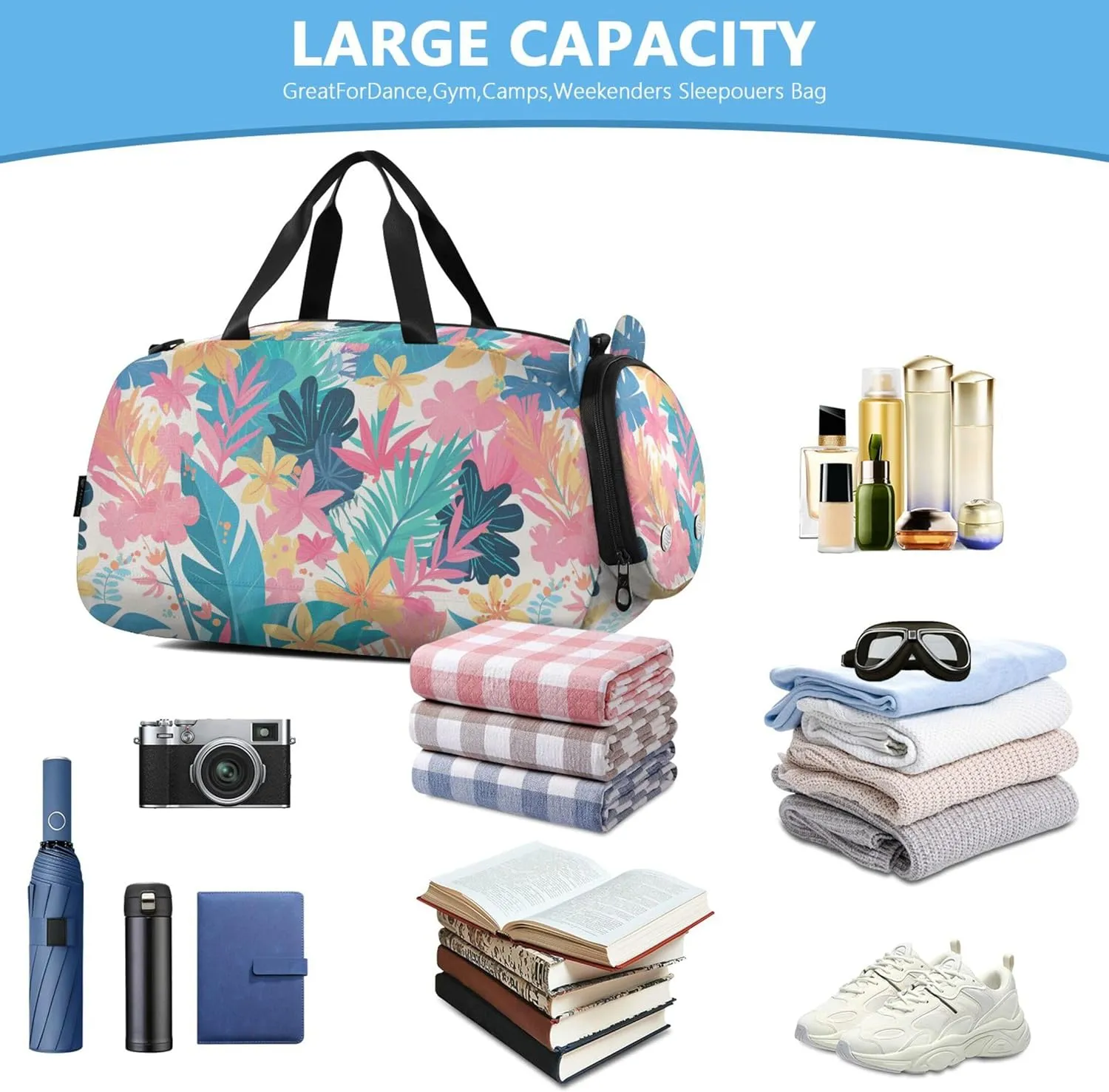 Tropical Plants Flowers Kids Duffel Bag with Shoes Compartment Lightweight Kids Overnighter Duffel Bags for Travel, Sports, Duffel, Weekender