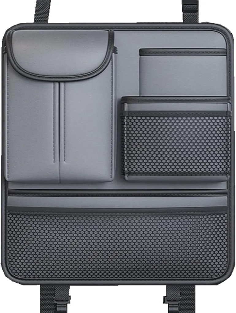 Tumecos Car Armrest Box Storage Leather Auto Middle Seat Hanging Handbag Bag Multifunctional Central Control Tissue Box Organizer（Gray）