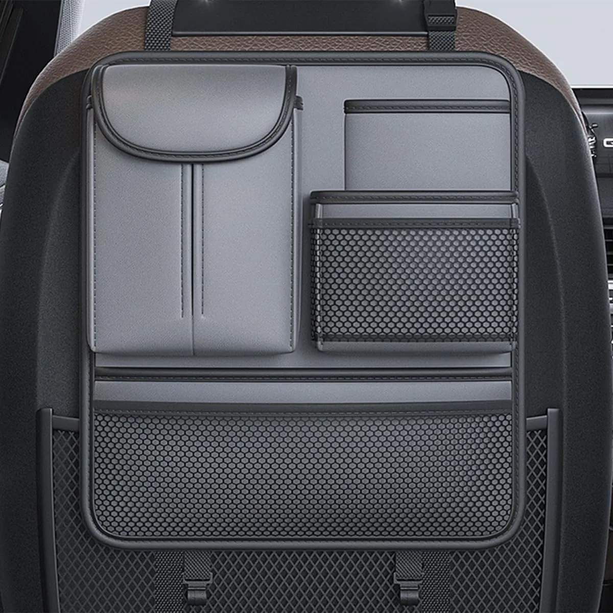 Tumecos Car Armrest Box Storage Leather Auto Middle Seat Hanging Handbag Bag Multifunctional Central Control Tissue Box Organizer（Gray）