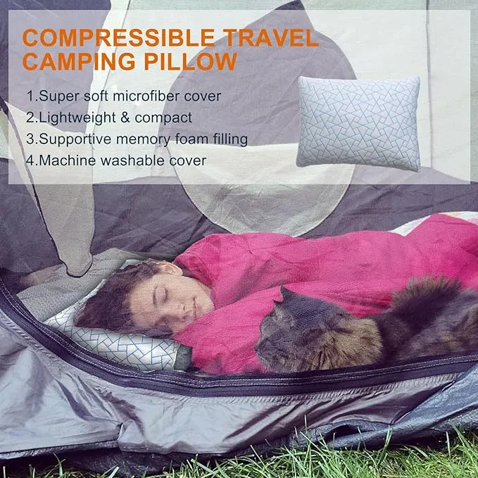 tuphen Shredded Memory Foam Travel Pillow - Cooling Compressible Camping Pillow for Sleeping Compact Supportive Pillow for Adults Kids Outdoor Backpacking Hiking with Storage Bag