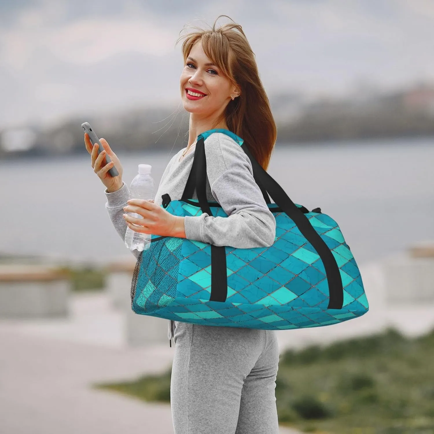 Turquoise Blue Square Shape Scales Travel Weekender Overnight Bags Foldable Hand Travel Bag Sport Gym Duffel Bag For Men Women