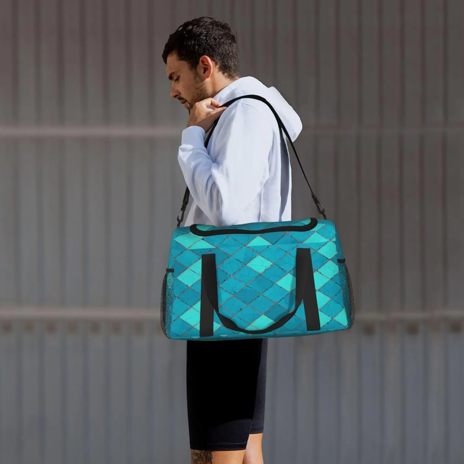 Turquoise Blue Square Shape Scales Travel Weekender Overnight Bags Foldable Hand Travel Bag Sport Gym Duffel Bag For Men Women