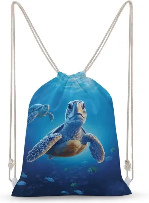 Turtle in Blue Water Drawstring Backpack for Women Men Drawstring Bag for Travel Swimming Sports Gym Bag