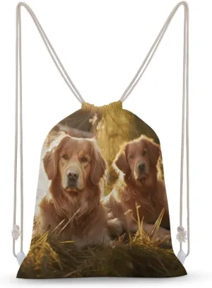 Two Golden Retrievers Drawstring Backpack for Women Men Drawstring Bag for Travel Swimming Sports Gym Bag