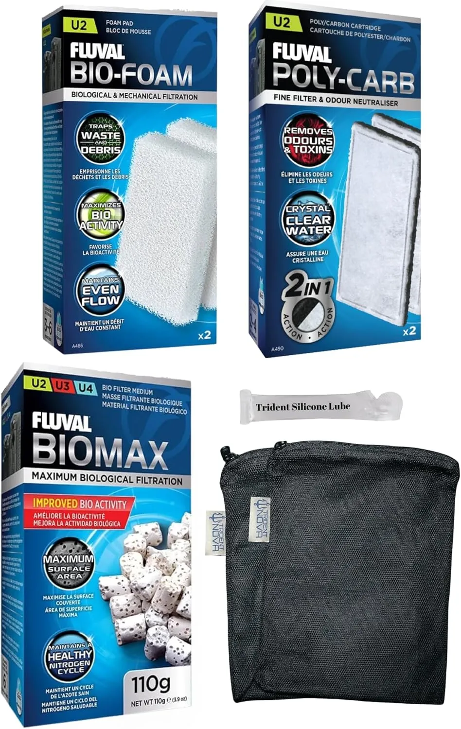 U2 Underwater Filter Media Maintenance & Replacement Filter Media Kit, including Trident Mesh Bags(U2 Underwater Filter Foam Pad, U2 BioMax, U2 Poly-Carb Cartridge)