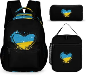 Ukraine Hear Large Capacity Backpacks with Lunch Bag Pencil Case Set Resistant Daypack 3 Piece