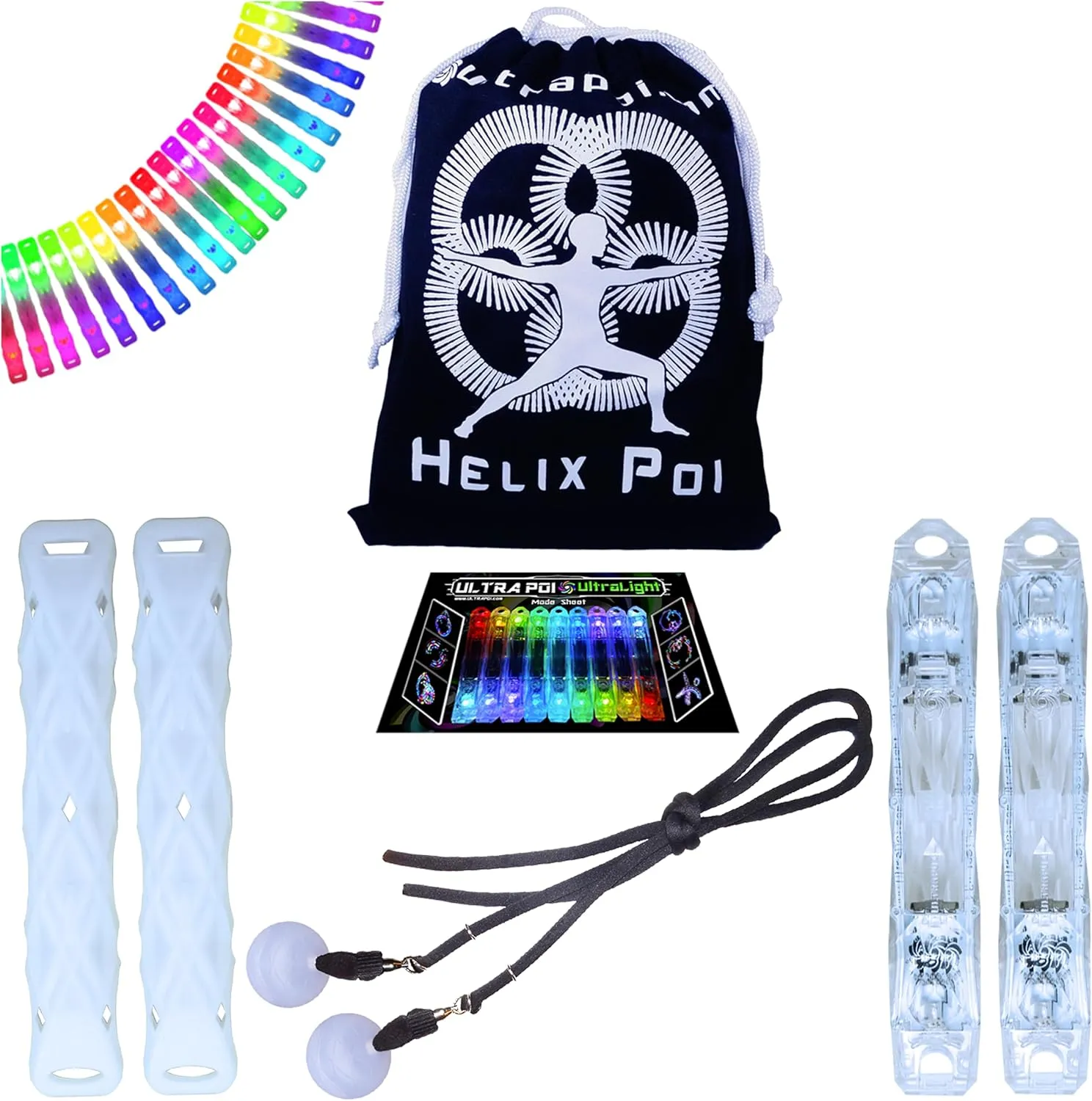 UltraPoi HelixPoi Set - Helix Poi w/Non-LED Knob Handles - 70  Brilliant Color Modes & Patterns - LED Poi Glow Stick Lights w/Soft Durable Cases & Adjustable Leashes - Flow Arts Light Spinning Toy