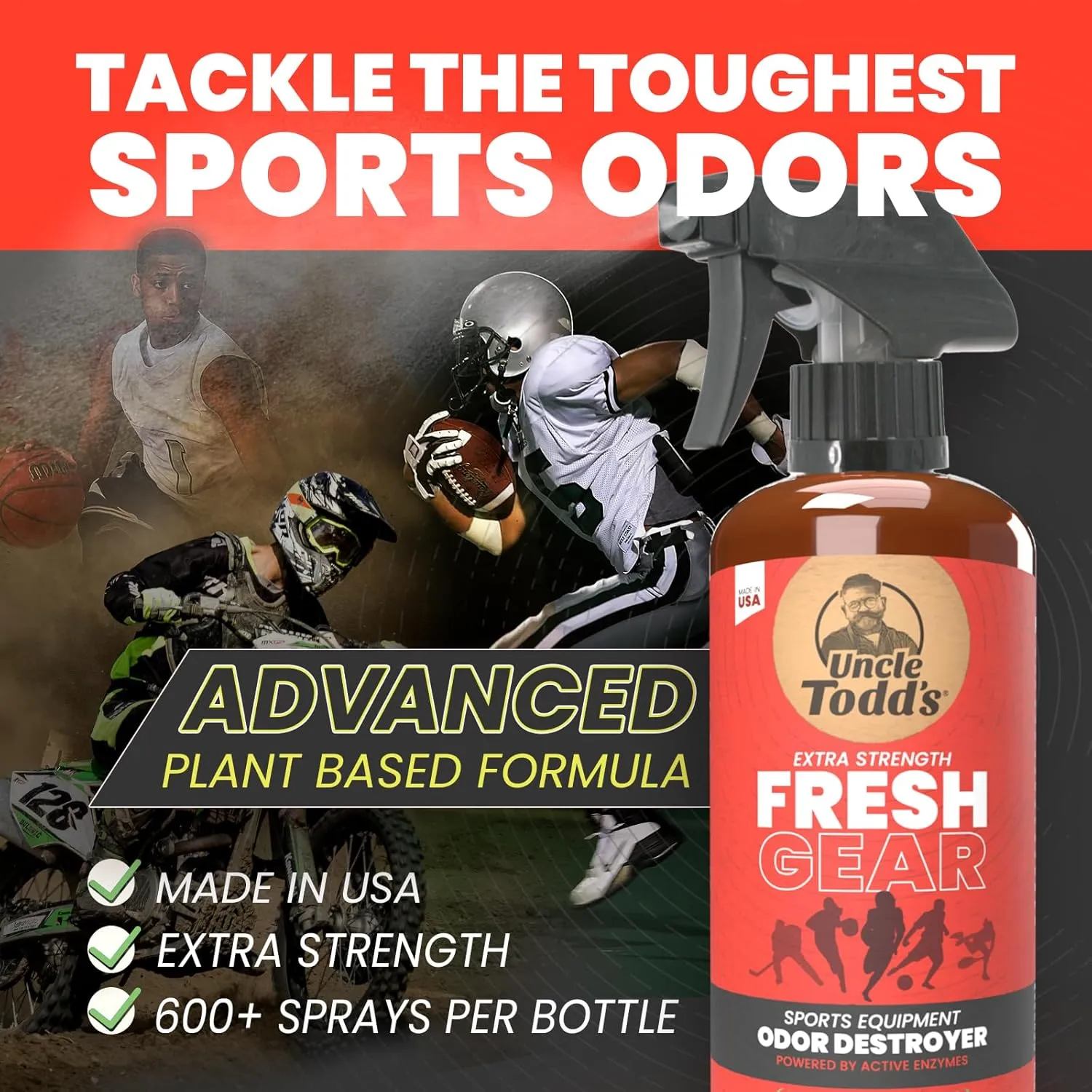 Uncle Todd's Fresh Gear Sports Equipment Odor Eliminator Spray - Extra Strength Enzyme-Powered Deodorizer for Football, Hockey, Gym Bags, and Athletic Gear - Citrus Sport Scent - 16oz