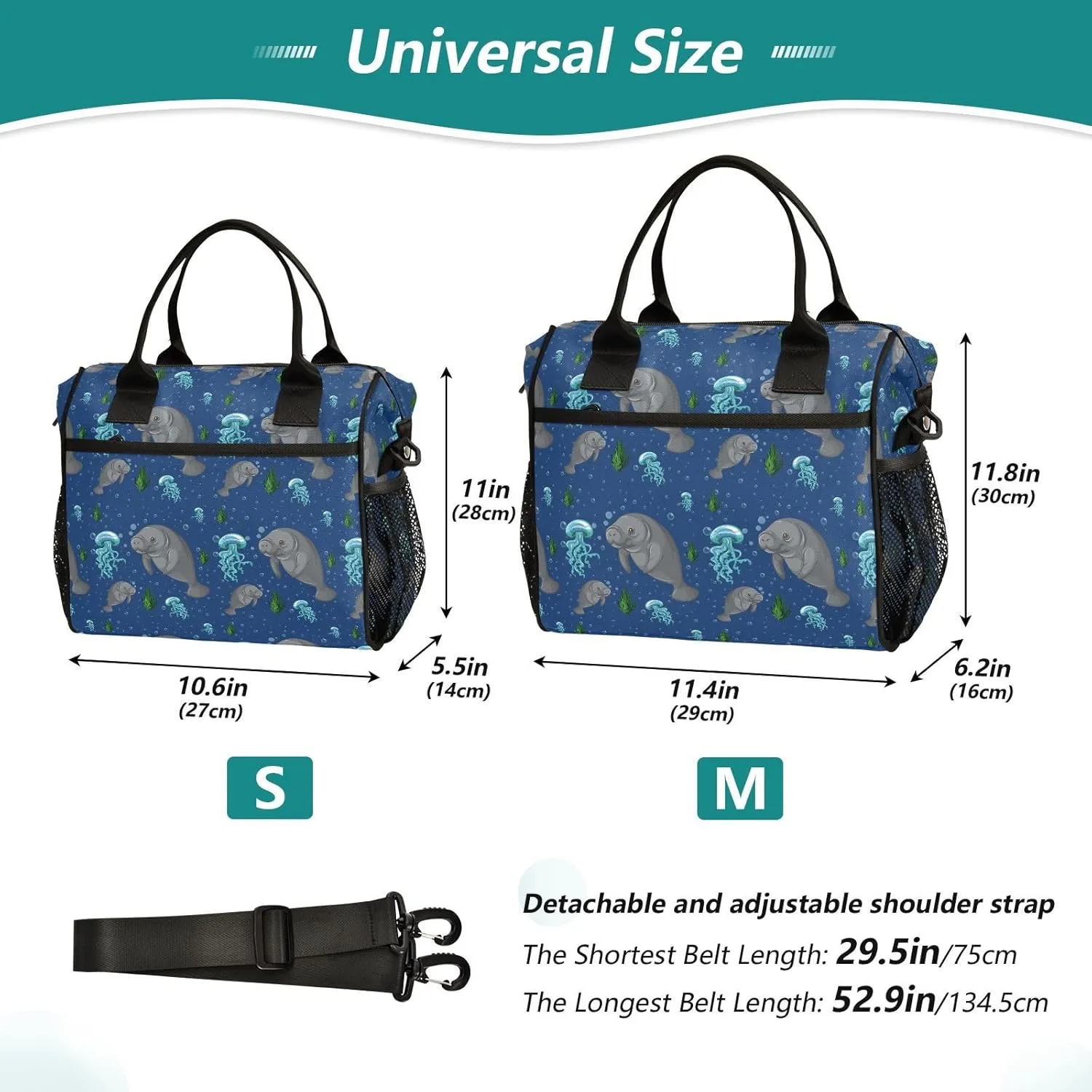 Underwater Manatee Lunch Bag Reusable Lunch Box for Office Picnic Hiking Beach, Insulated Cooler Tote Food Container with Adjustable Shoulder Strap for Men Women Adults