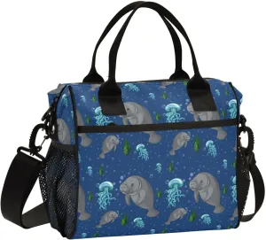 Underwater Manatee Lunch Bag Reusable Lunch Box for Office Picnic Hiking Beach, Insulated Cooler Tote Food Container with Adjustable Shoulder Strap for Men Women Adults