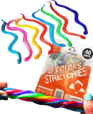 UpBrands 48 Stretchy Snakes Toys 6 Inches Bulk Set, 8 Glitter Colors, Kit for Birthday Party Favors for Kids, Goodie Bags, Easter Egg Basket Stuffers, Pinata Filler, Small Classroom Prizes