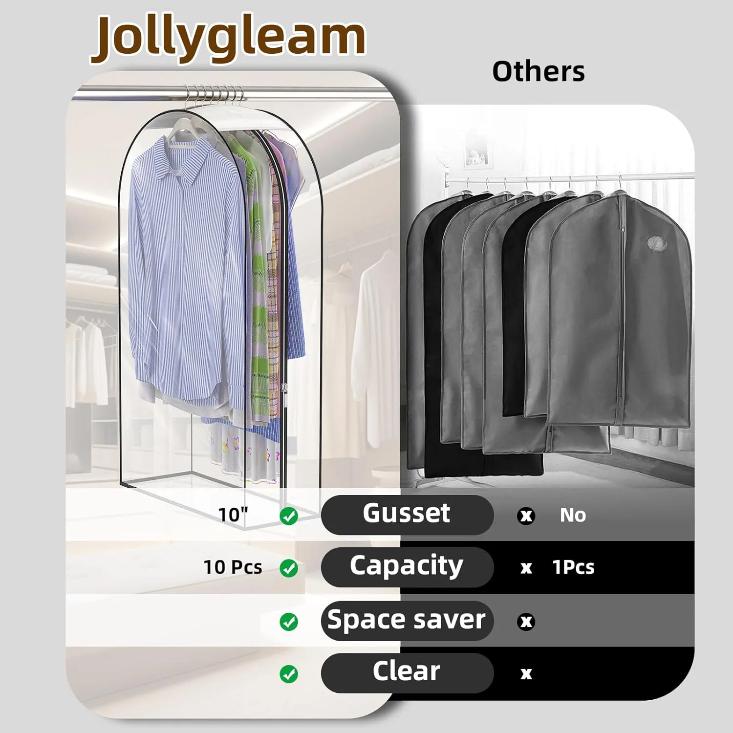Upgraded Thickened Clear Garment Bags for Hanging Clothes 4 Packs, 10“ Gusseted Clothes Hanging Storage Bags for Closet, Shirts, Coats, Dresses (40 & 50 inch)