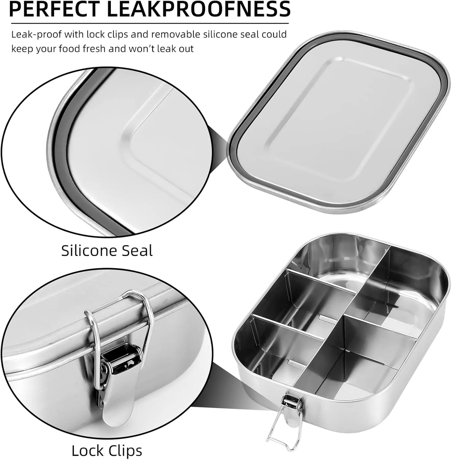 UPTRUST Stainless Steel Bento Lunch Food Box Container, 5-Compartment Large 1400ML Metal Bento Lunch Box Container for Kids or Adults with Lockable Clips to Leak Proof